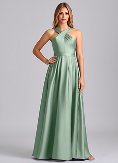 Azazie Dixie 신부 들러리 드레스 A라인 주름진 스트레치 새틴 바닥 길이 드레스 image3