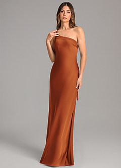 Azazie Monroe Bridesmaid Dresses Cinnamon Mermaid One Shoulder Stretch Satin Dress image1