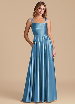 Azazie Shaude 신부 들러리 드레스 A라인 주름진 메탈릭 새틴 바닥 길이 드레스 image1