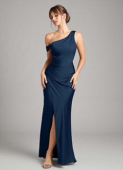 Azazie Madelyn Bridesmaid Dresses Dark Navy Mermaid One Shoulder Stretch Satin Convertible Dress image1