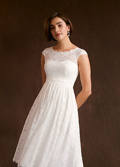 Azazie Ginnie At-home Try On Dresses Diamond White A-Line Lace Dress image5