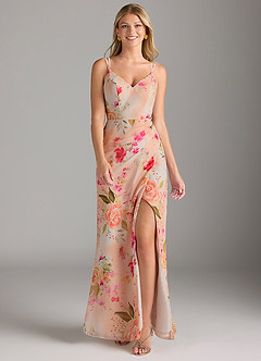 Azazie Leo Jurken voor bruidsmeisjes Jurk van Chiffon met Zeemeermin V-hals geplooid Abstract Boeket Bloemen image1