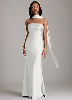 Azazie Saylor Vestidos de damas de honor Vestido de Blanco de Satén Elástico de Corte Sirena con Sin tirantes image9