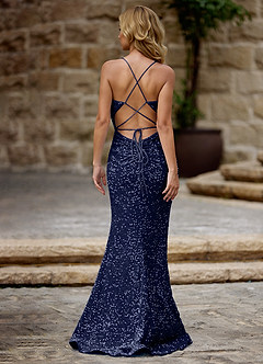 Luxey Bleu Marine Robe de bal en velours à paillettes image2