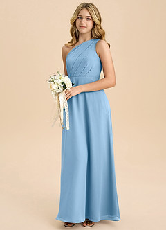 Azazie Phaedra Junior Steel Blue A-Line Pleated Chiffon Dress image5