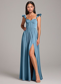 Azazie Denisse Bridesmaid Dresses Steel Blue A-Line Ruched Stretch Satin Dress image4