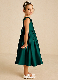 Azazie Francine Flower Girl Dresses Pine A-Line Bow Matte Satin Dress image3