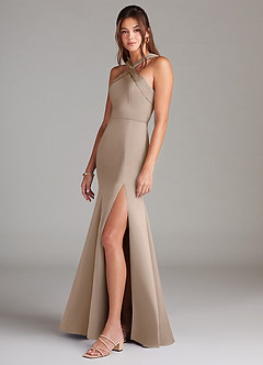Azazie Rue Bridesmaid Dresses Taupe Mermaid Pleated Stretch Satin Dress image5