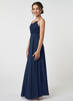 Azazie Sonya Junior A-Linie Spitze Chiffon Kleid Dunkelmarine image3