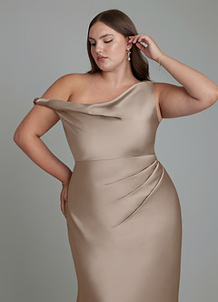 Azazie Emerson Bridesmaid Dresses Taupe Mermaid Off the Shoulder Stretch Satin Dress image3