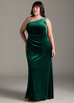 Azazie Argan Bridesmaid Dresses Emerald A-Line One Shoulder Pleated Velvet Dress image11