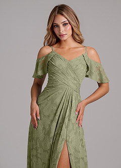 Azazie Dakota Bridesmaid Dresses Pistachio A-Line Off the Shoulder Floral Burnout Dress image3