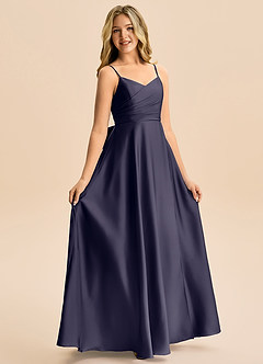 Azazie Rumi Junior A-Line Plisseret Stræk satin Gulv-længde Junior brudepige Kjole image5