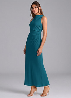 Azazie Evadne Bridesmaid Dresses Ink Blue Sheath Pleated Chiffon Dress image1