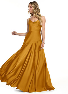 Azazie Kayla Final Sale Butterscotch A-Line Side Slit Stretch Satin Dress image3