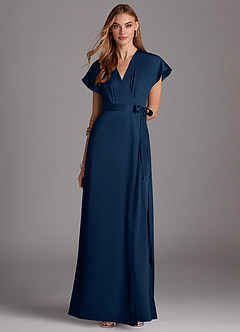 Azazie Nico Bridesmaid Dresses Dark Navy A-Line V-Neck Stretch Satin Dress image1