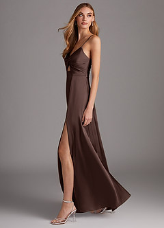 Azazie Jenna 신부 들러리 드레스 A라인 주름진 스트레치 새틴 바닥 길이 드레스 image3