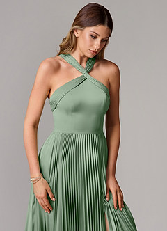 Azazie Afra Bridesmaid Dresses Matcha A-Line Pleated Stretch Satin Dress image5