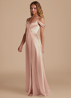 Azazie Ocean At-home Try On Dresses Auburn A-Line Off the Shoulder Metallic Satin Dress image4