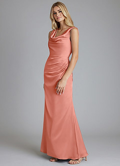 Azazie Tallie Bridesmaid Dresses Coral Mermaid Pleated Stretch Satin Dress image2