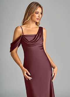 Azazie Celina Bridesmaid Dresses Sangria Sheath Off the Shoulder Stretch Satin Dress image7