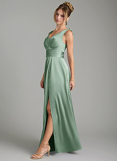 Azazie Karina Robes de demoiselle d'honneur Robe Trapèze en Satin extensible Plissée Agave image3