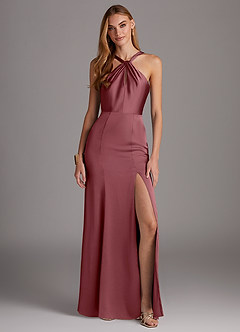 Azazie Elana Bridesmaid Dresses Desert Rose Sheath Side Slit Stretch Satin Dress image1