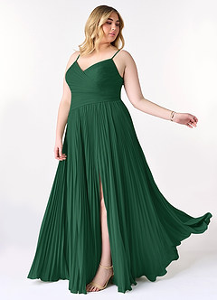 Azazie Vini Robes de demoiselle d'honneur Robe Trapèze en Mousseline de soie Col V plissé Vert Foncé image10
