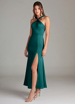 Azazie Rue Bridesmaid Dresses Peacock Mermaid Pleated Stretch Satin Dress image4