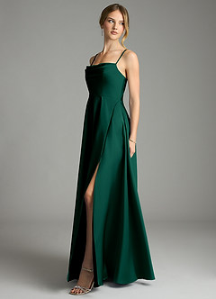Azazie Elle Bridesmaid Dresses Emerald A-Line Pleated Stretch Satin Dress image3
