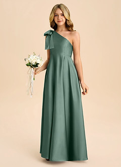 Azazie Penguin Junior A라인 절하다 스트레치 새틴 플로어 길이 주니어 신부 들러리 드레스 image5