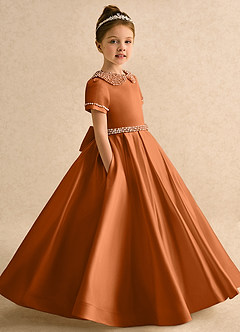 Azazie Gabriella Flower Girl Dresses Copper Ball-Gown with Sleeves Matte Satin Dress image3