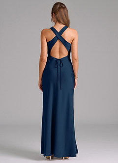 Azazie Evadne Bridesmaid Dresses Dark Navy A-Line Pleated Stretch Satin Dress image2