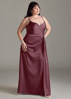 Azazie Brielle Bridesmaid Dresses Sangria A-Line Cowl Spaghetti Straps Stretch Satin Dress image9