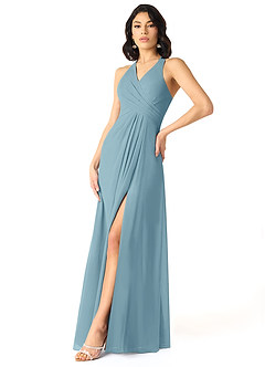 Azazie Danica Vestidos de damas de honor Vestido de Azul Malhumorado de Gasa de Corte en A con Plisado image3