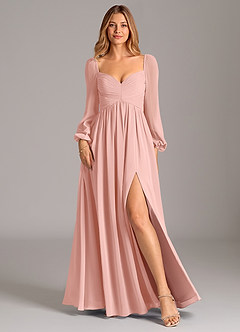 Azazie Bailee Bridesmaid Dresses Rosette A-Line Long Sleeve Chiffon Dress image1