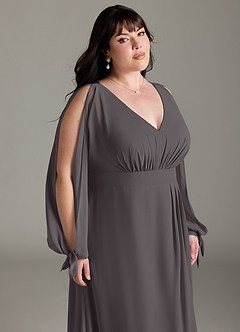 Azazie Matilda Bridesmaid Dresses Steel Grey A-Line Long Sleeve Chiffon Dress image15