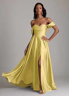 Azazie Loisa Abiti da Damigella Abito A-Line in Raso Elasticizzato a Spalla Scoperta Canarino image1