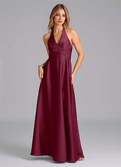 Azazie Tessie Bridesmaid Dresses Mulberry A-Line Pleated Stretch Satin Dress image6