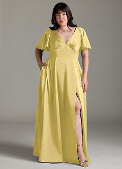 Azazie Kimber Bridesmaid Dresses Canary A-Line Ruched Stretch Satin Dress image7