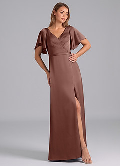 Azazie Ambrosia Bridesmaid Dresses Espresso A-Line Pleated Stretch Satin Dress image4