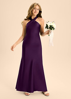 Azazie Doretta Junior Grape A-Line Pleated Stretch Satin Dress image5