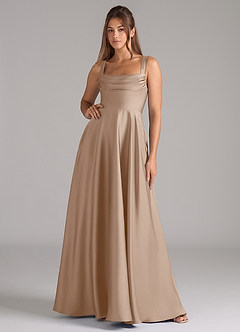Azazie Shaude Bridesmaid Dresses Taupe A-Line Pleated Stretch Satin Dress image1