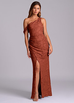 Azazie Madelyn Robes de demoiselle d'honneur Robe Sirène Convertible en Blumen-Burnout Ue épaule Terracotta image3