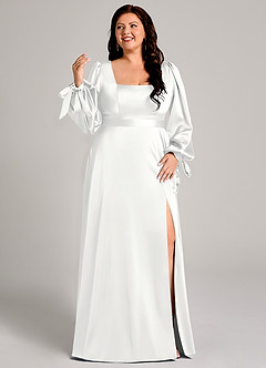 Azazie Leonia Abiti da Damigella Abito A-Line in Raso Elasticizzato Manica Lunga Bianco image10