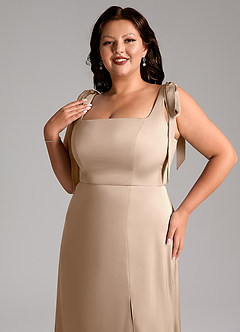 Azazie Frostine Bridesmaid Dresses Taupe A-Line Bow Stretch Satin Dress image12