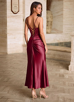 Viviannella Burgundy Sequin Embroidery Stretch Satin Wedding Guest image6