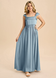 Azazie Hattie Junior Dusty Blue A-Line Pleated Stretch Satin Dress image5