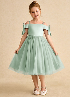 Azazie Amie Flower Girl Dresses Agave A-Line Off the Shoulder Matte Satin Dress image3