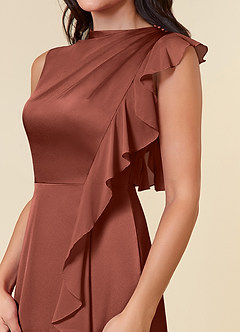 Azazie Narine Mother of the Bride Dresses Auburn A-Line High Neckline Pleated Stretch Satin Dress image4